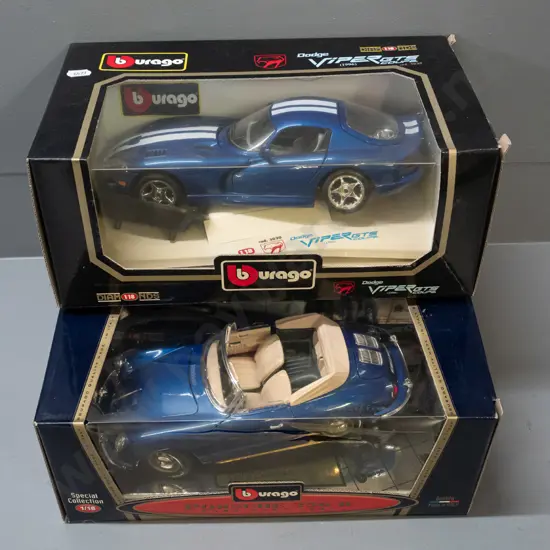 2 Burago 1:18 scale die-cast model cars in original boxes - 1961 Porsche Cabriolet 356B & 1996 Dodge Viper GTS Coupe -
