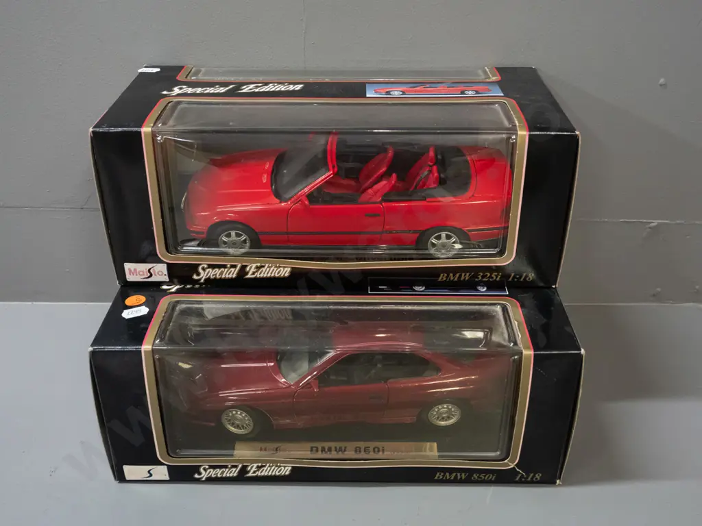 2 Maisto Special Edition 1:18 scale die-cast model cars in original boxes - 1990 BMW 850i & 1993 BMW 325i Convertible Image 1++