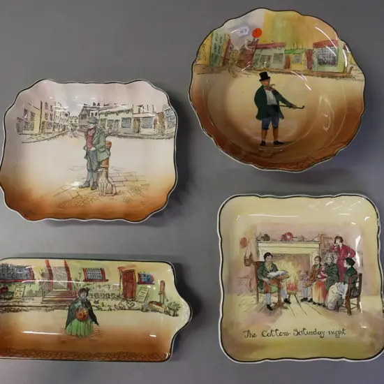 4x Royal Doulton Dickensware: 1x bowl 2x dishes & sandwich tray: Bobbie Burns, Mark Tapley, Bill Sykes. Bill Sykes dish