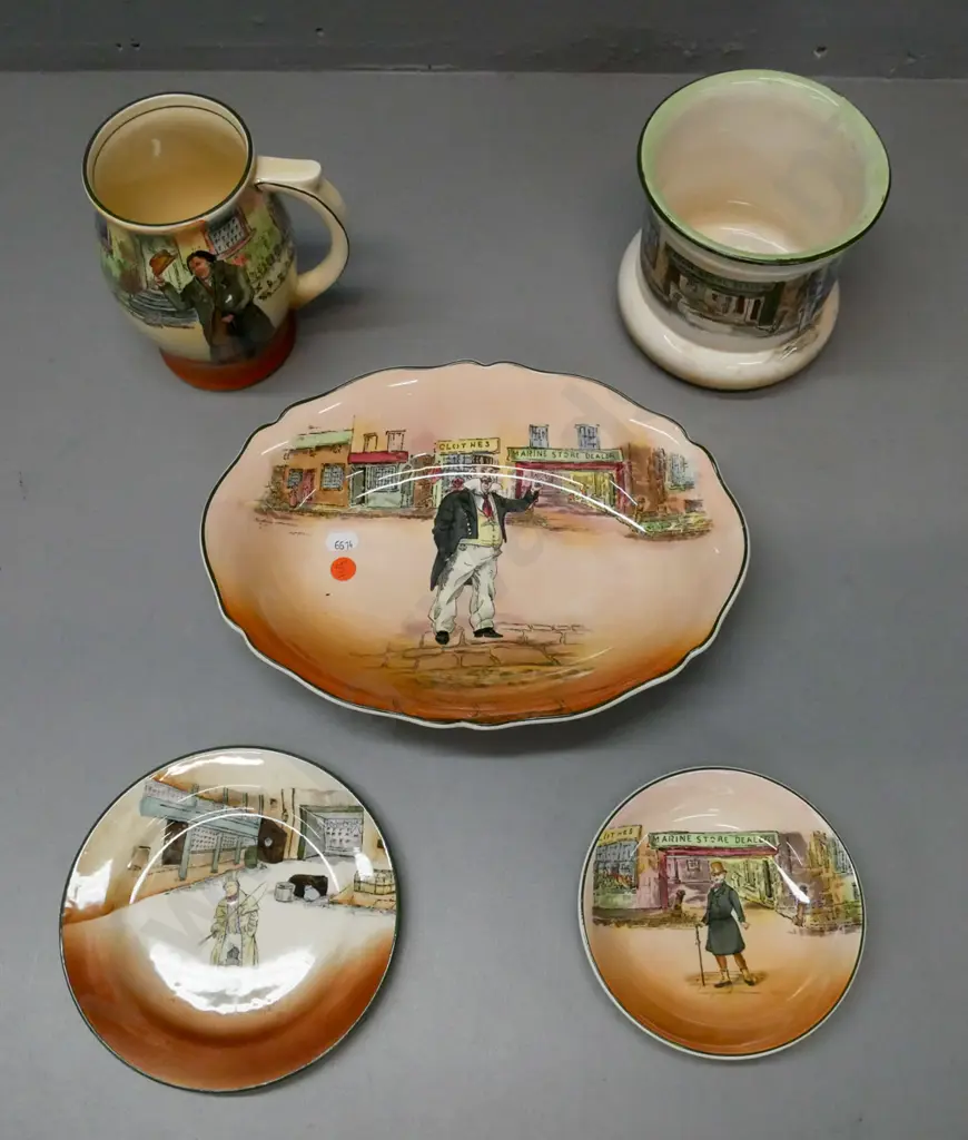 5x Royal Doulton Dickensware: Large Bowl Cap'n Cuttle, Jug Mr Squeers, plate & dish Mr Micawber & Mr Squeers Image 1++