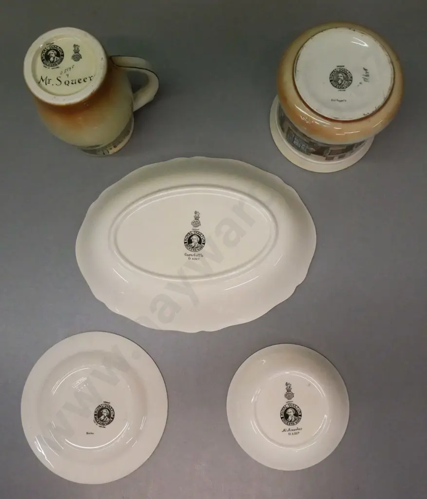 5x Royal Doulton Dickensware: Large Bowl Cap'n Cuttle, Jug Mr Squeers, plate & dish Mr Micawber & Mr Squeers Image 1++
