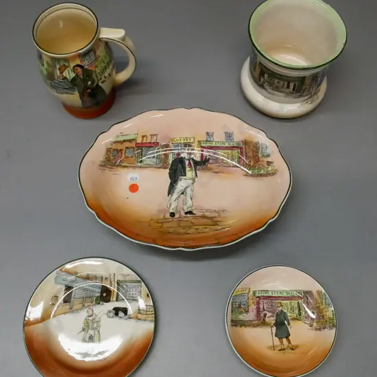 5x Royal Doulton Dickensware: Large Bowl Cap'n Cuttle, Jug Mr Squeers, plate & dish Mr Micawber & Mr Squeers