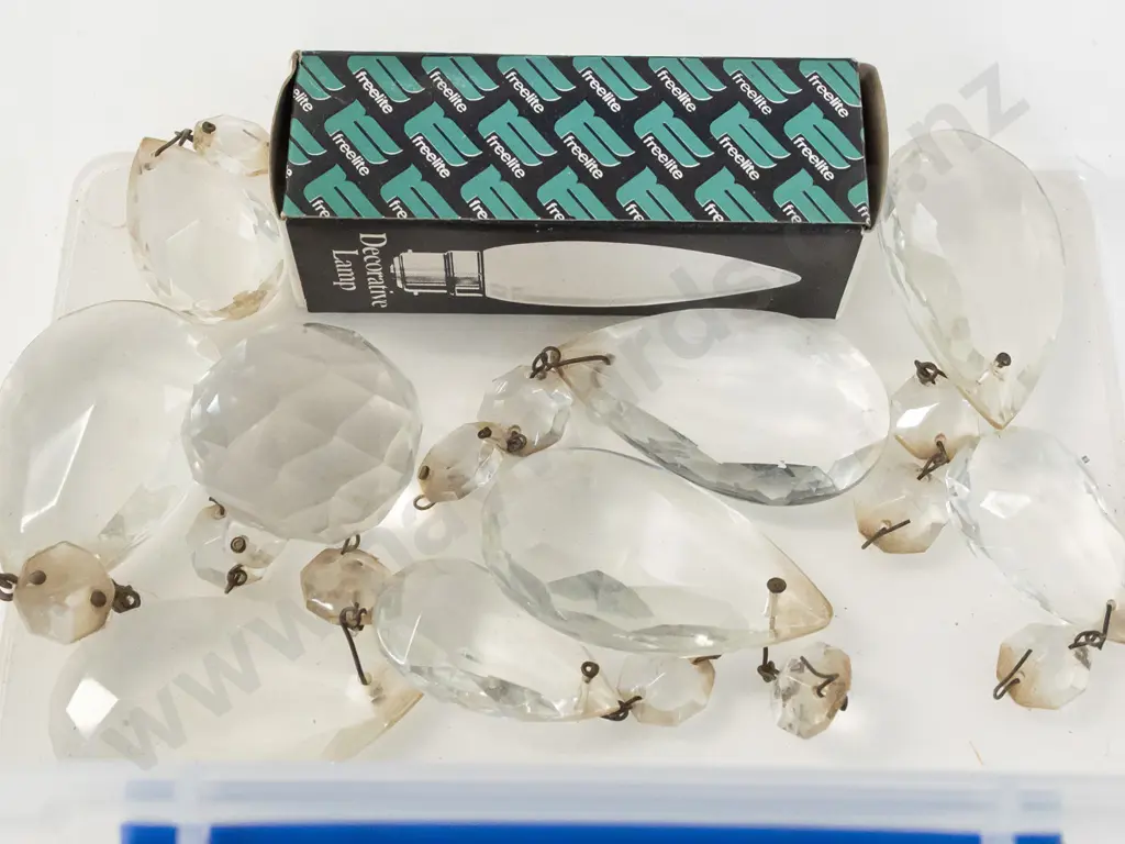 glass & brass hanging 5 branch chandelier,  bag with additional tear drops & central ball H520 Image 1++