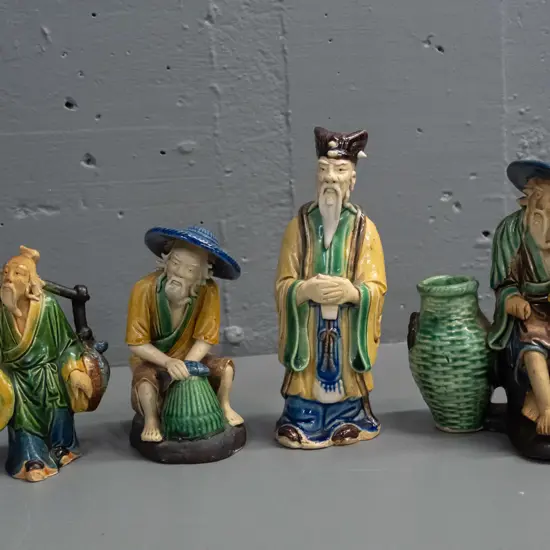 4 Chinese earthenware "mud men" figures - scholar H-175, water carrier, 2 fishermen.