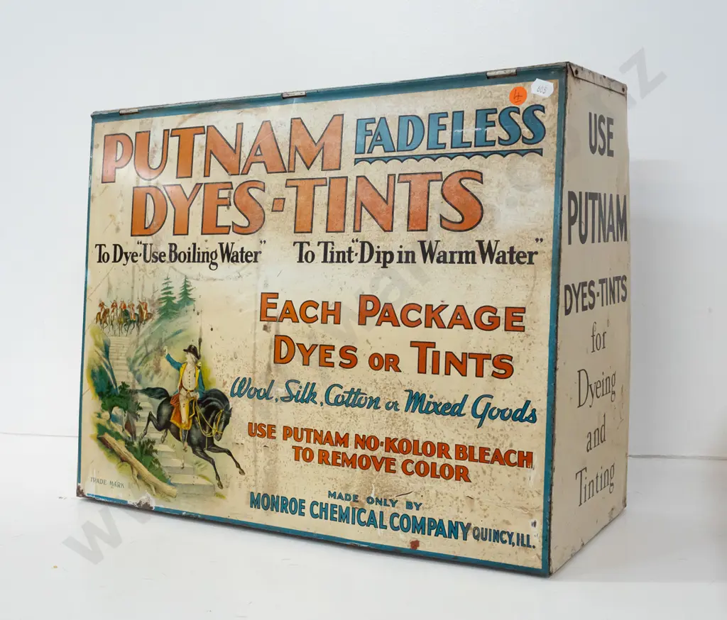 vintage Putnam Fadeless Dyes & Tints tin shop display / sales cabinet with slanted side and lift-up front, marked Quincy Image 1++