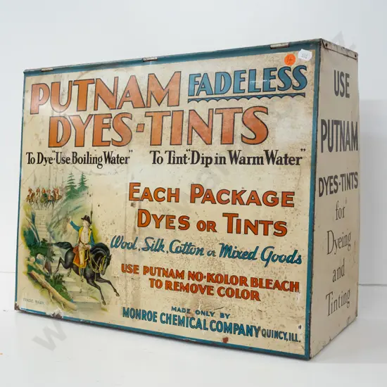 vintage Putnam Fadeless Dyes & Tints tin shop display / sales cabinet with slanted side and lift-up front, marked Quincy