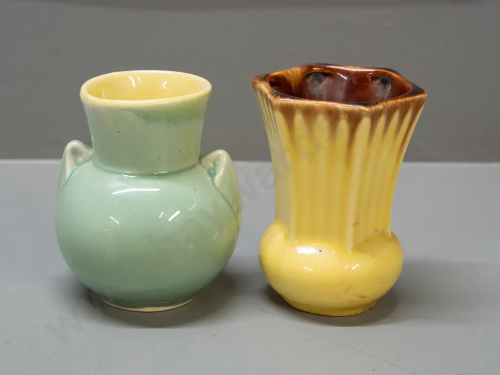 2 vintage Crown Lynn small vases - celadon green with handles, yellow interior, marked .134. and a faceted Image 1++