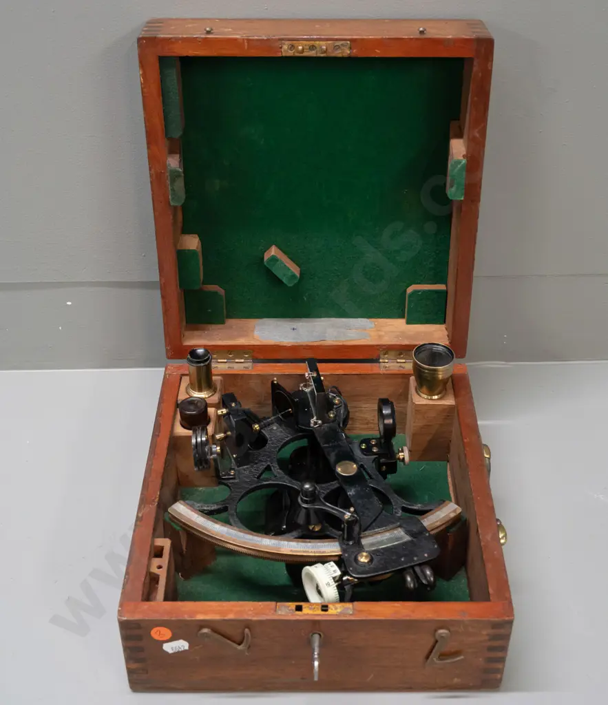 vintage sextant in fitted timber case with Husun / London marks, with eyepieces and accessories, case lockable, has key. Image 1++