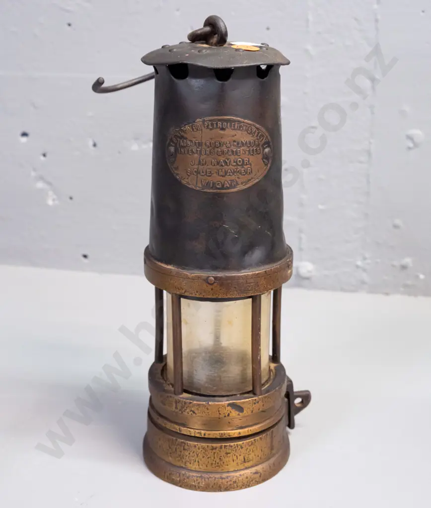 miner's lamp with glass shade - Abbott Roby and Naylor Wigan markings, has dents and wear, glass shade stained H-230 Image 1++