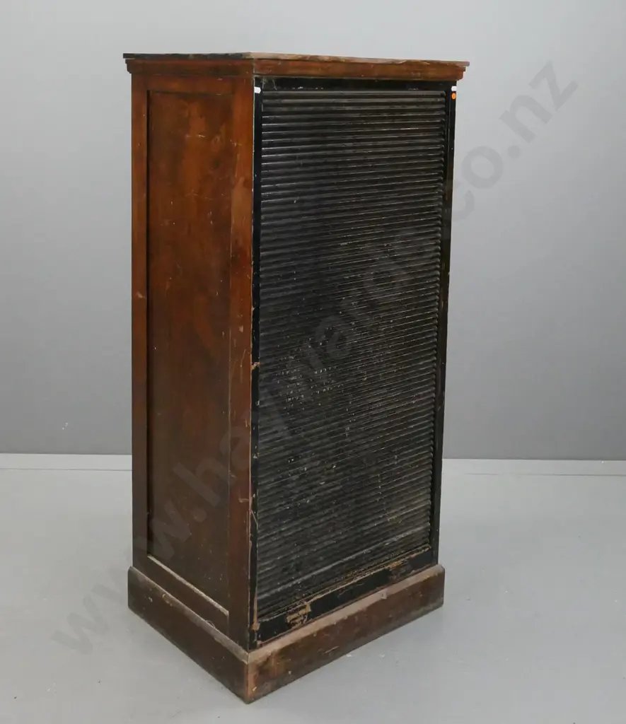 Vintage beech & rimu black-painted front sliding tambour-fronted cupboard exposing shelf system, 2 replaced shelves. One Image 1++