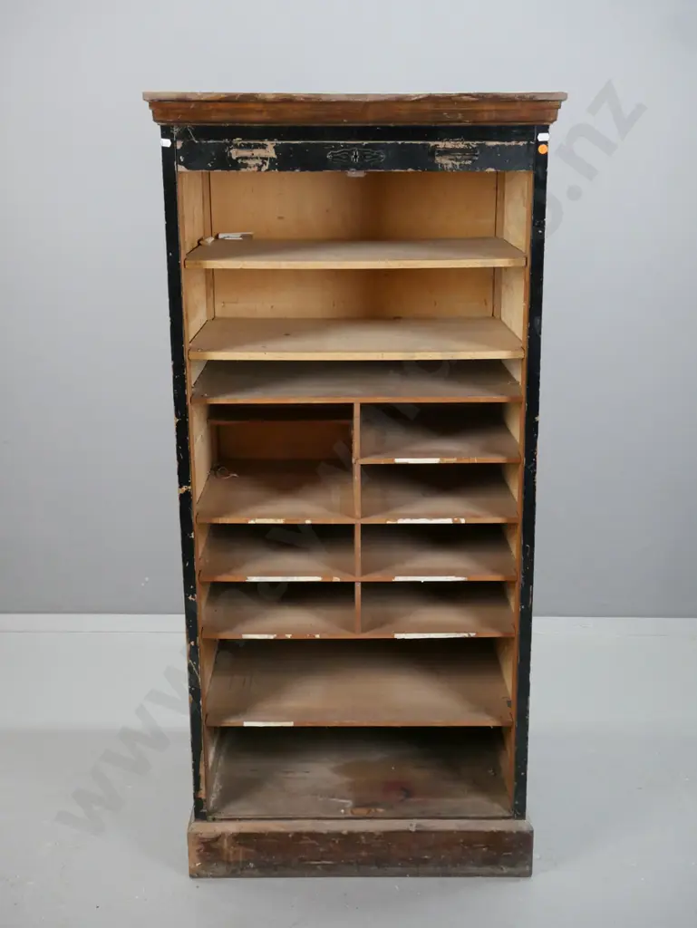Vintage beech & rimu black-painted front sliding tambour-fronted cupboard exposing shelf system, 2 replaced shelves. One Image 1++