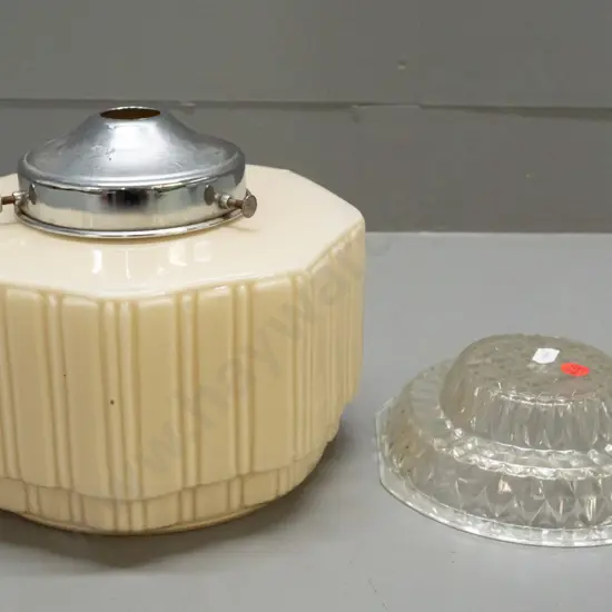 deco ceiling light shade with moulded clear glass insert and chrome journal - a few chips around rim, spot of corrosion