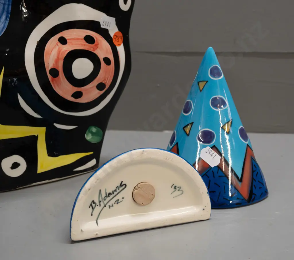 NZ studio pottery - triangular slab sided vase and a Brendan Adams salt & pepper set - vase marked "H '89" on base H-210 Image 1++