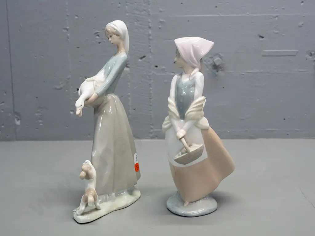 2 Nao figurines - woman with duck or goose and dog H-270 W-150 and woman with basket Image 1++