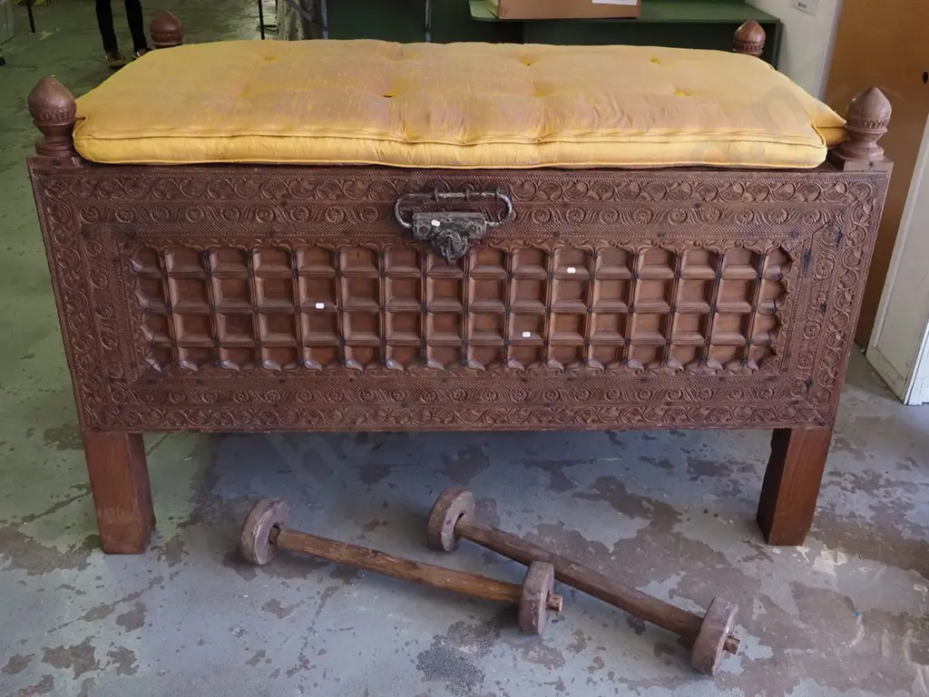 large, heavy Indian/Asian heavily carved hardwood dowry/rice storage chest with upholstered squab, lock & key, but lock Image 1++