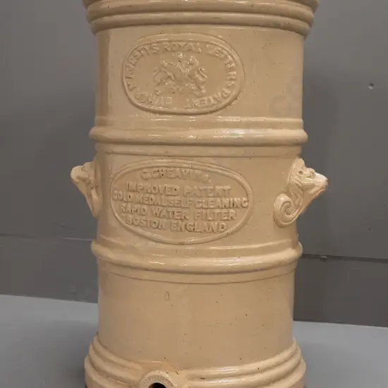 vintage Cheavins stoneware part water filter with lion's head handles - no lid or fittings H-470