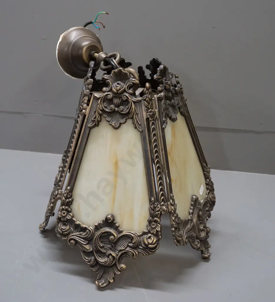 retro rococo style 5-sided cast metal hanging light shade with slag glass panels H-310 D-300. Some paint residue on Image 1++
