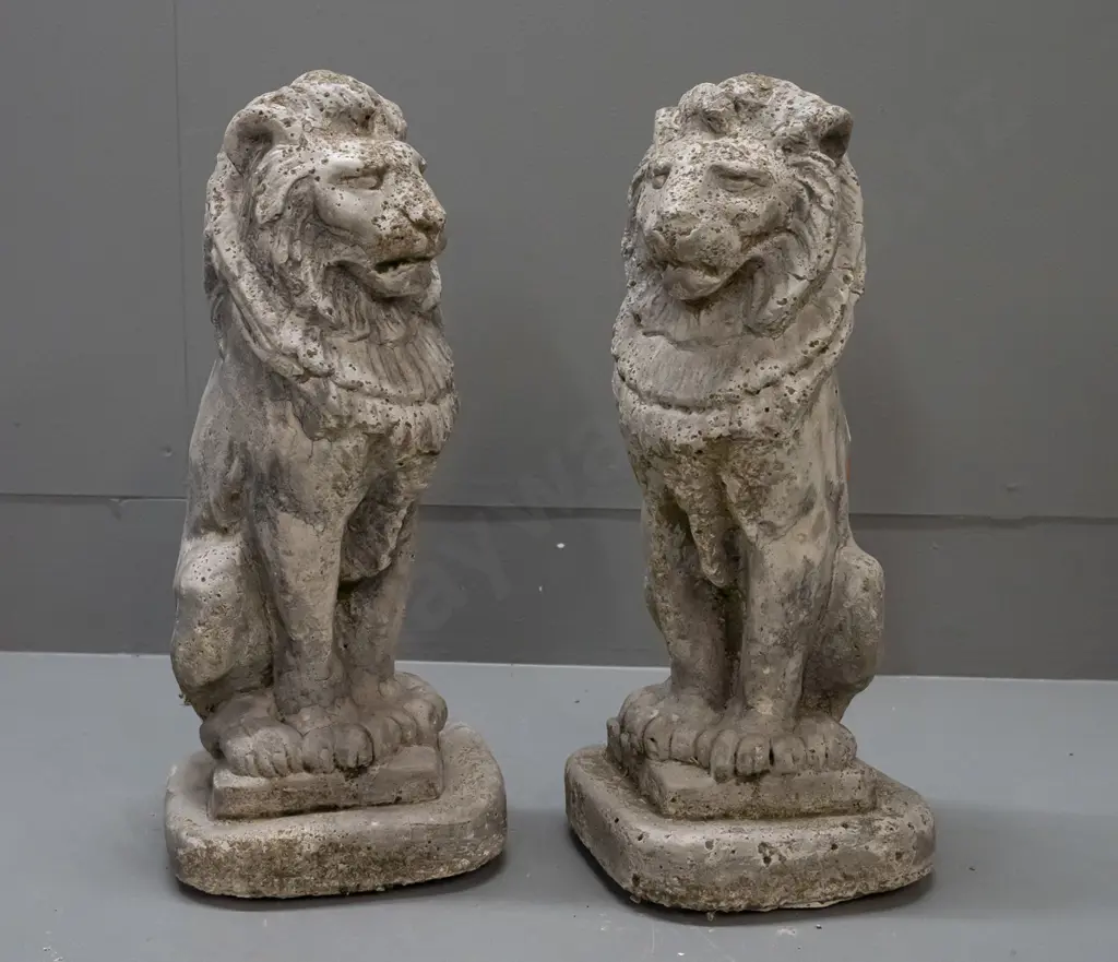 pair of small cast concrete seated lion garden figures - some weathering and wear H-370 Image 1++