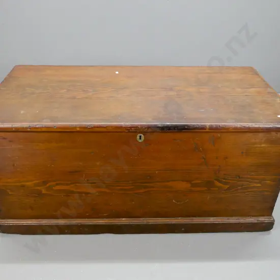 Victorian Baltic pine travel trunk with large cast metal carry handles and strap hinges, 2 drawers, candle box inside,