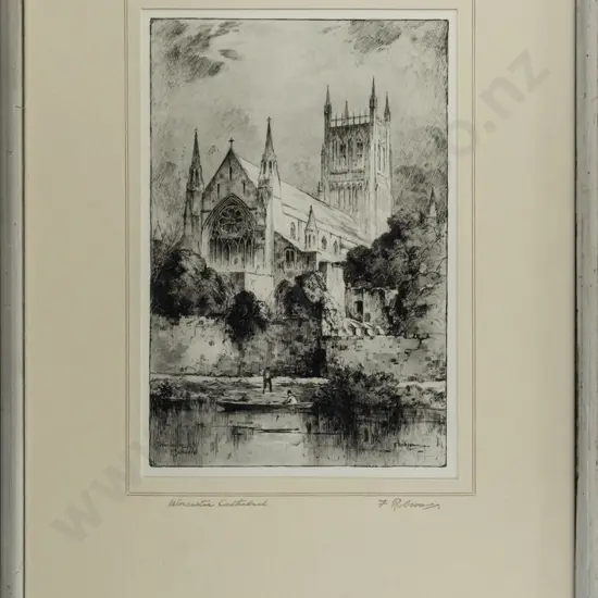 F Robson - framed etching "Worcester CAadral" H200 W130