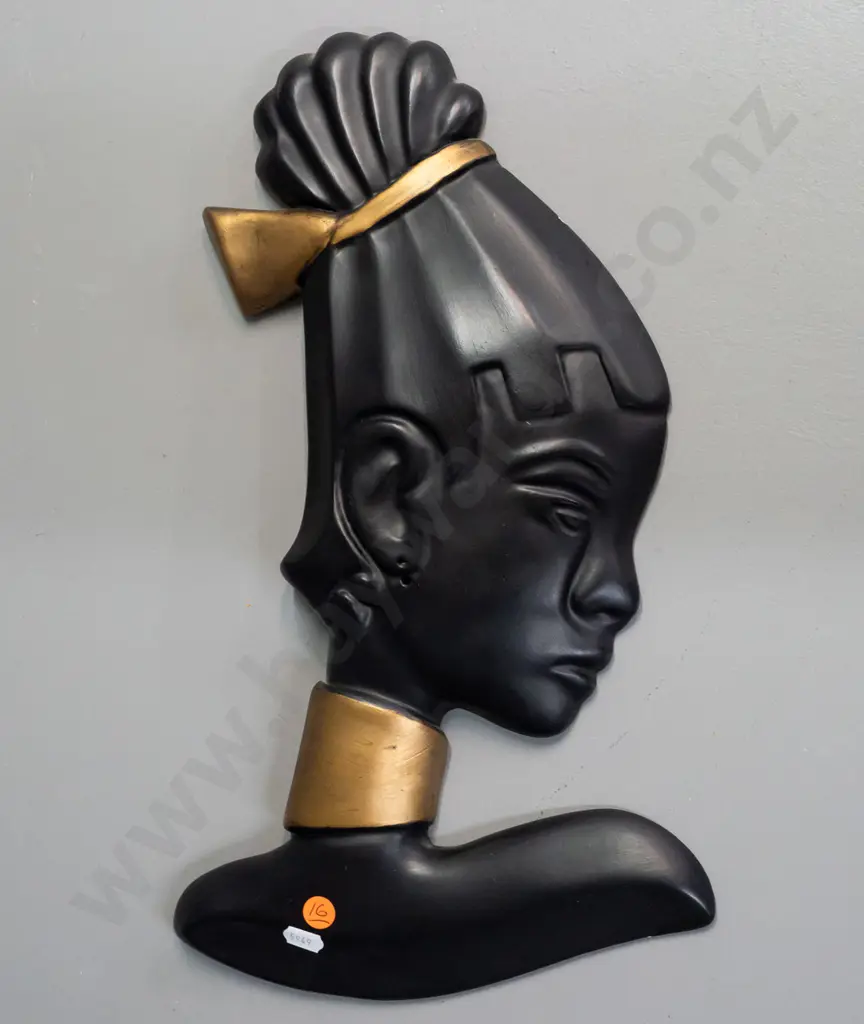 retro black painted plaster wall head silhouette - minor chip to hair, missing ear-ring H-410 W-240 Image 1++