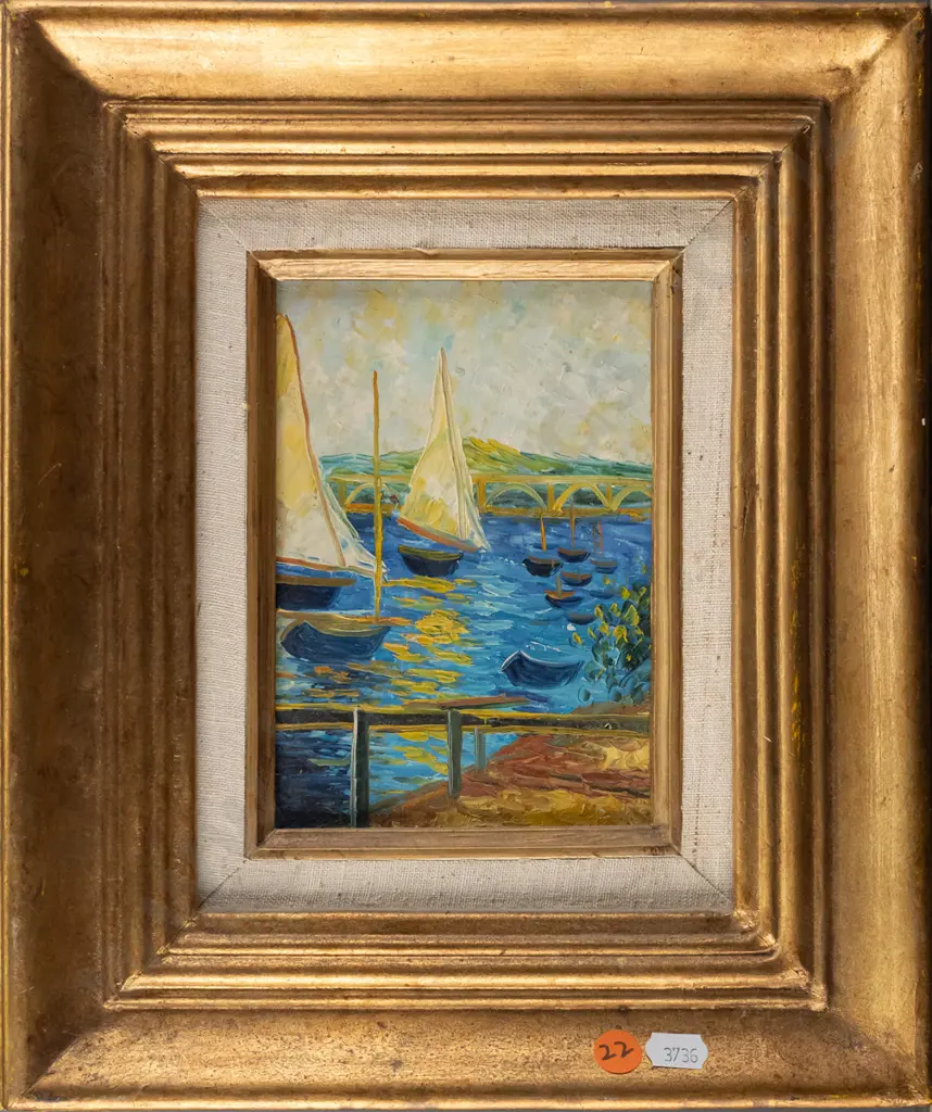 unsigned framed oil on board - sailing boats H160 W110 Image 1++