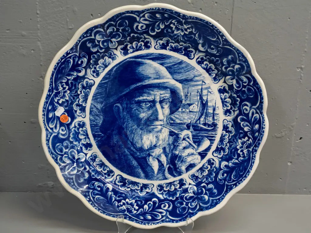 lLarge Belgian Delft "Boch freres" blue and white scalloped edge fisherman motif wall charger with hanging wire D-390 Image 1++