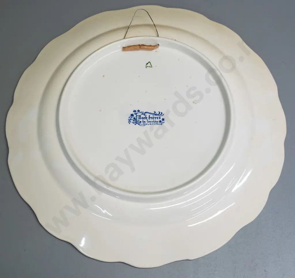 lLarge Belgian Delft "Boch freres" blue and white scalloped edge fisherman motif wall charger with hanging wire D-390 Image 1++