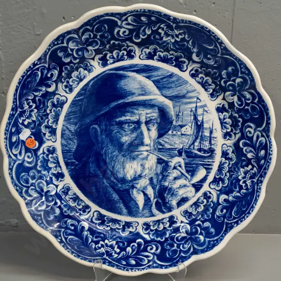 lLarge Belgian Delft "Boch freres" blue and white scalloped edge fisherman motif wall charger with hanging wire D-390
