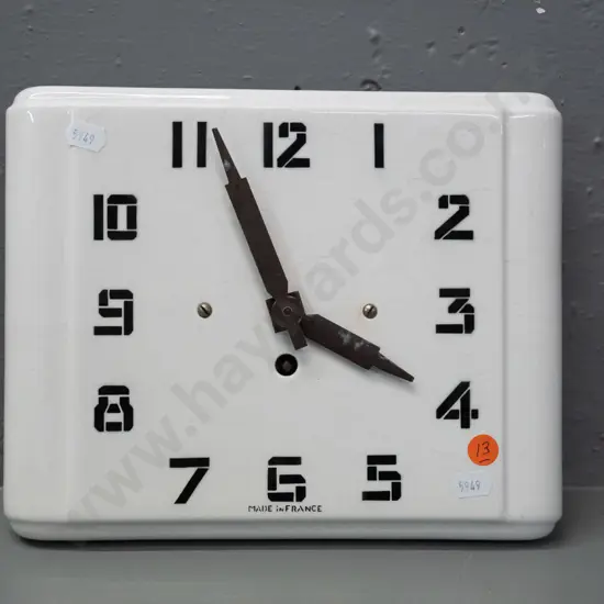 mid-century French porcelain wall clock with wind-up movement - no key, has some crazing, discolouration to hands