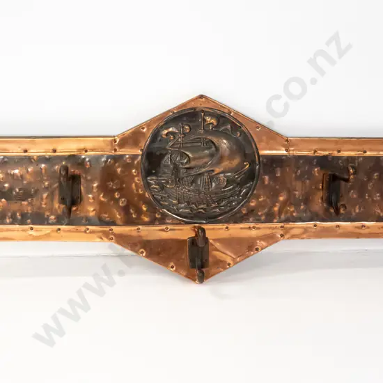 vintage wall mount coat rack - beaten copper over timber, with central applied galleon motif decoration, 5 cast metal