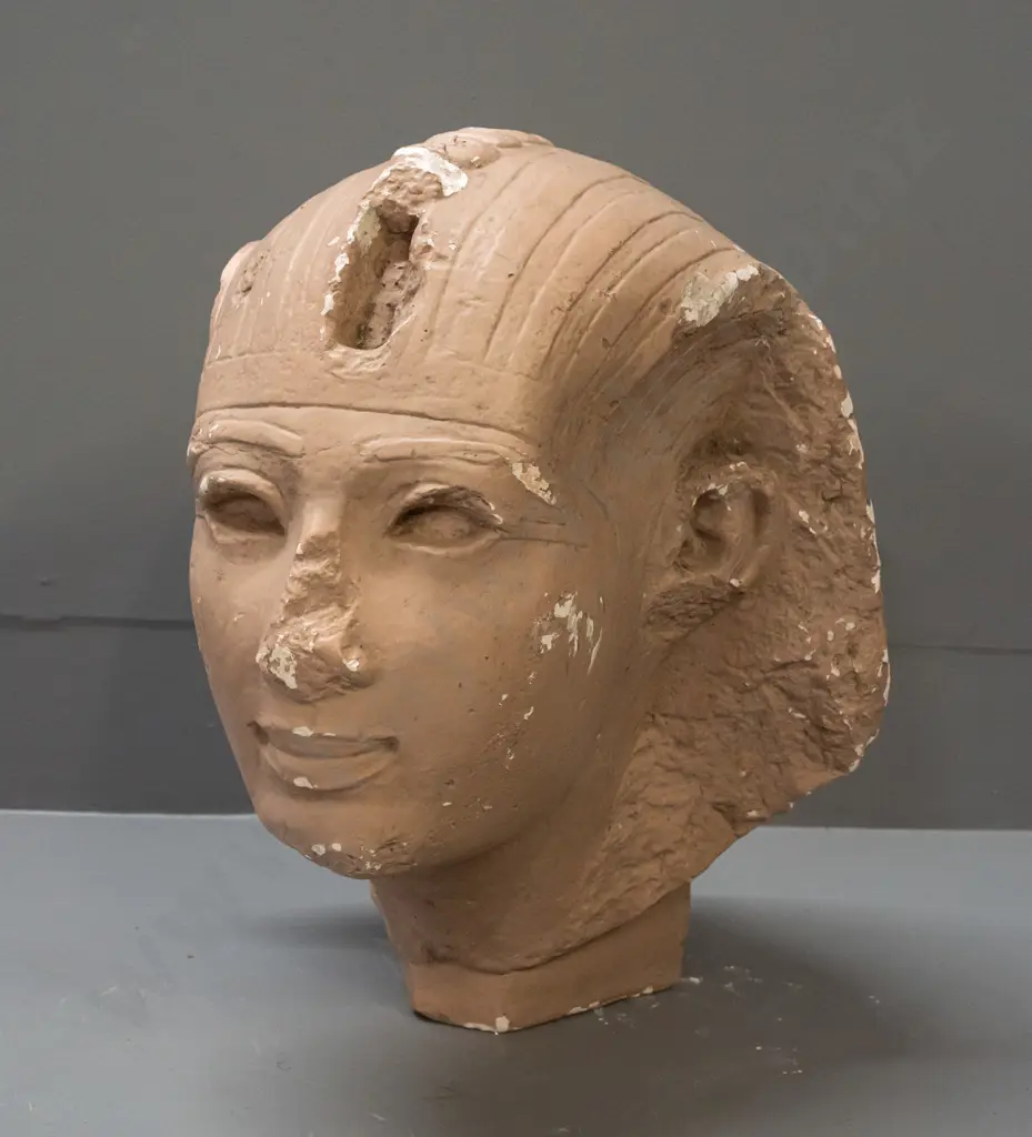 Egyptian painted solid plaster sphynx head, some damage & chips repair to back quarter & base H350 Image 1++