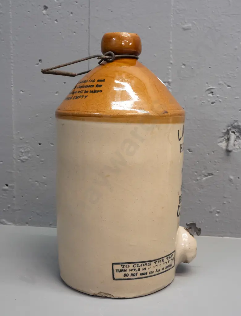 Lane's Dunedin stoneware crock with wire handle, metal spigot, Pearson's Whittington Moor Chesterfield maker's mark. Image 1++