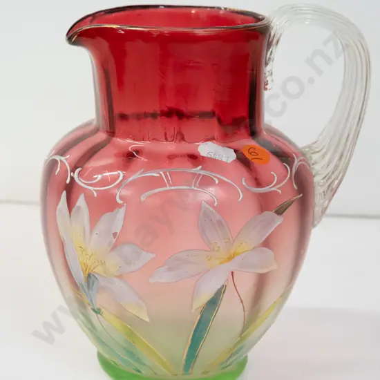vintage cranberry and uranium glass jug with clear ribbed handle and applied floral  gilt decoration - crack, repair and