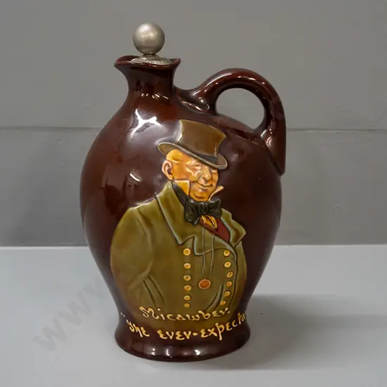 Royal Doulton Kingsware Dickens Micawber / Dewar's Whisky decanter with original metal and cork stopper H-220