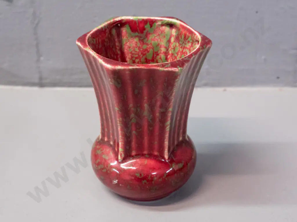 Crown Lynn small red and green rhubarb glaze vase marked ".132." H-100 Image 1++
