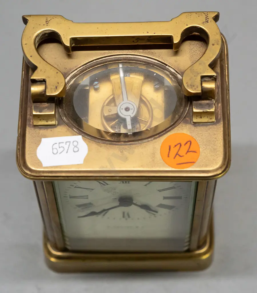 vintage brass-cased carriage clock - porcelain face marked G. Coates & Co. Christchurch NZ, w/ bevelled glass sides, Image 1++