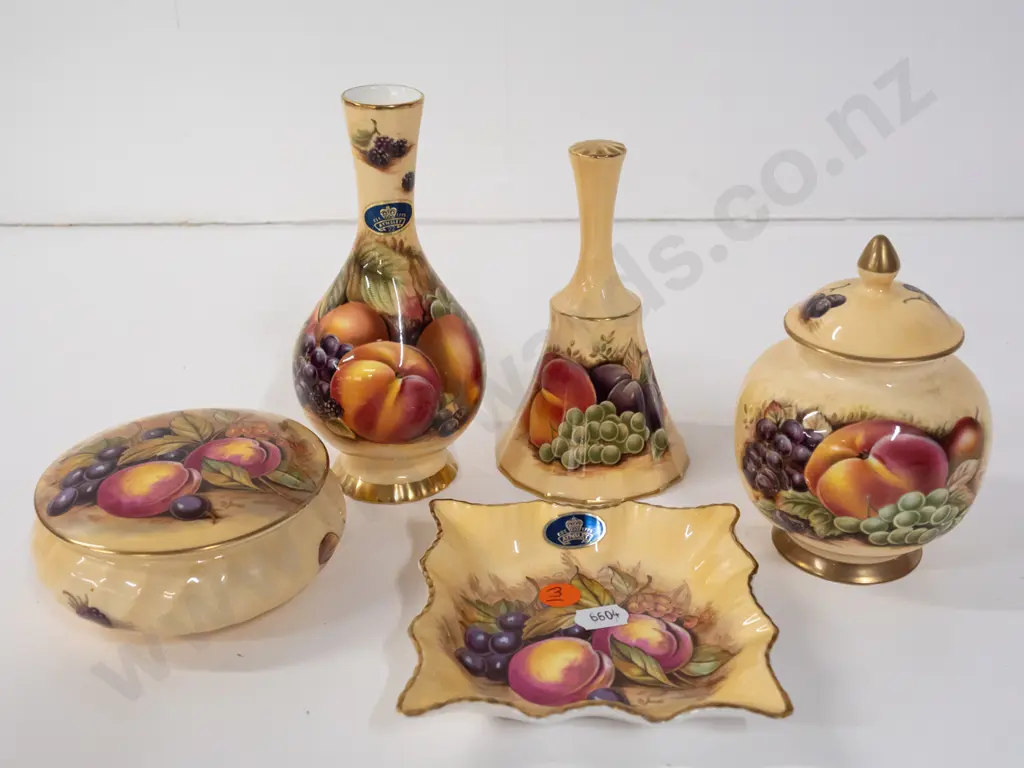 5 pieces of Aynsley Orchard Gold china - 2 lidded containers, bell, bottle vase H-160 and pin dish Image 1++