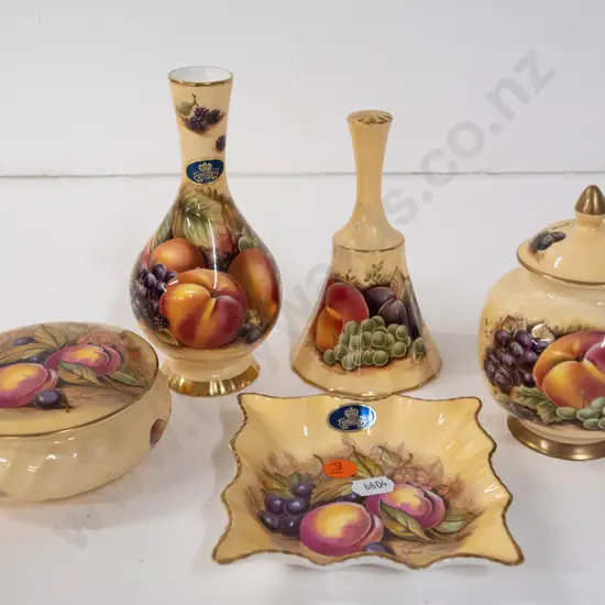5 pieces of Aynsley Orchard Gold china - 2 lidded containers, bell, bottle vase H-160 and pin dish