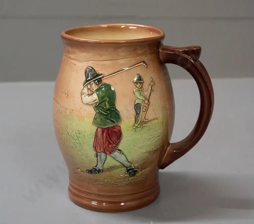 Royal Doulton Kingsware golfing jug - light brown background. H-145 W-120 at handle Image 1++