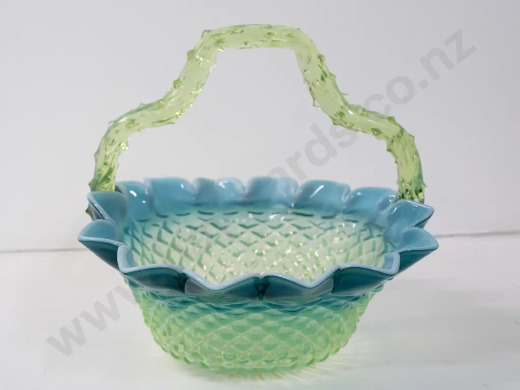 vintage ornate uranium glass basket, diamond pattern bowl with blue over milk glass rim, bright glow H-200 D-255 Image 1++