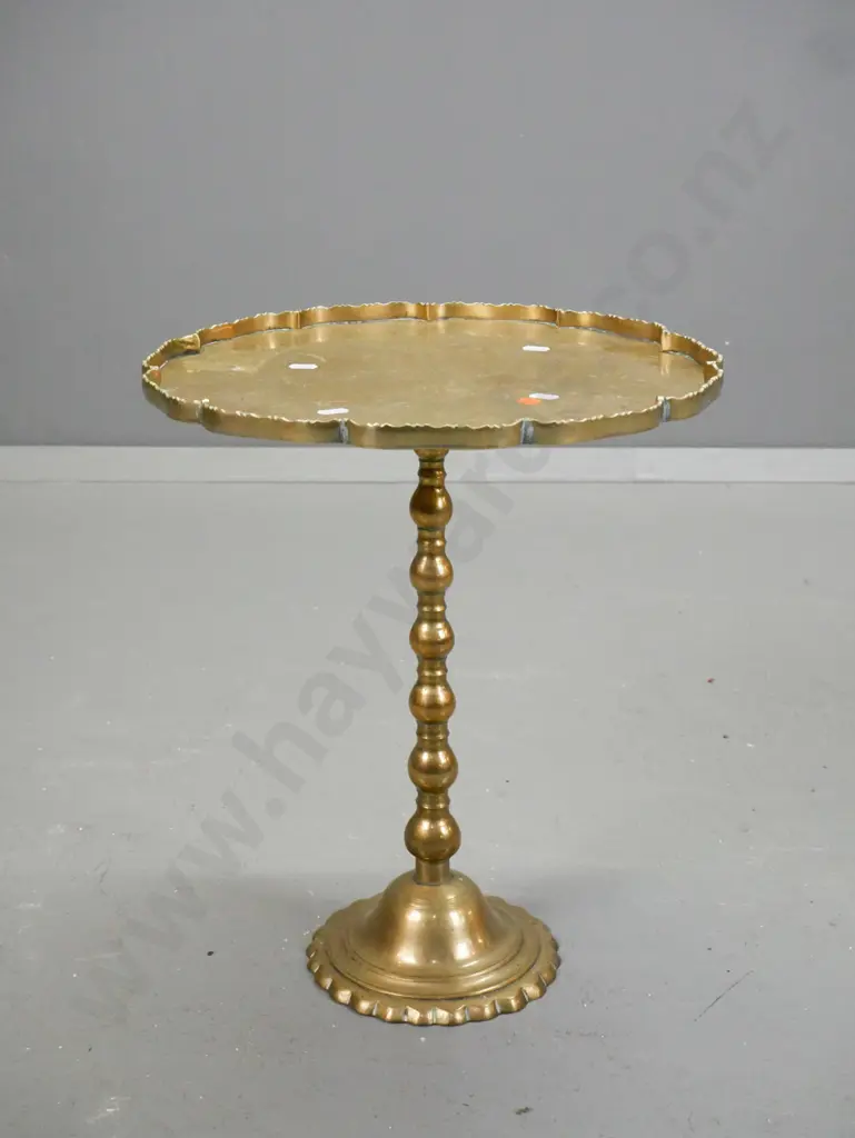 brass scallop-edged circular topped wine table with bobbin shaped column to circular shaped base, engraved foliate & Image 1++