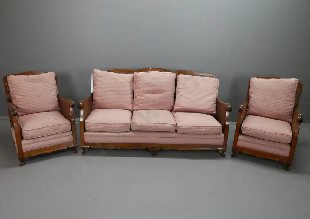 vintage Bergere suite 3-seater settee and chairs, beech w/ cane sides and backs. Dusty rose upholstery with repeating Image 1++