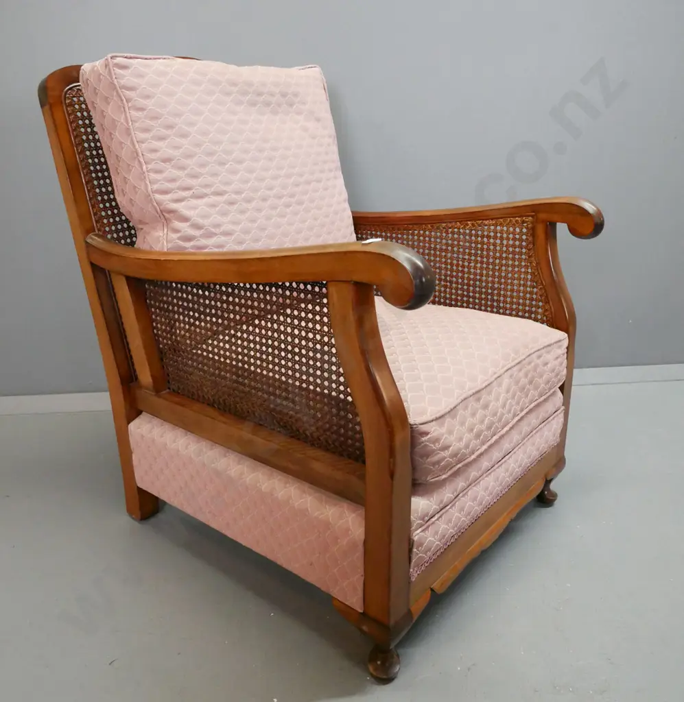 vintage Bergere suite 3-seater settee and chairs, beech w/ cane sides and backs. Dusty rose upholstery with repeating Image 1++