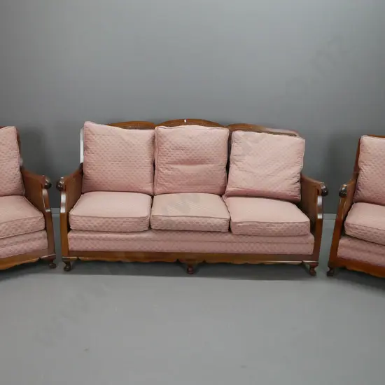 vintage Bergere suite 3-seater settee and chairs, beech w/ cane sides and backs. Dusty rose upholstery with repeating