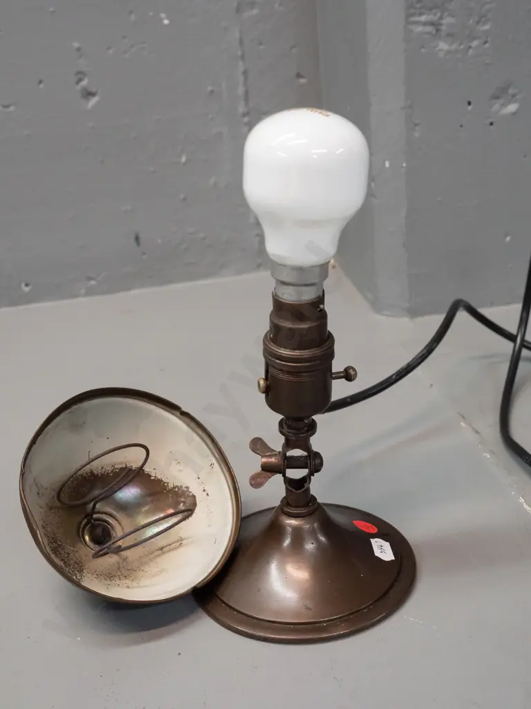 vintage small brass bedside lamp with enamel lined shade that clips onto bulb, "Spersom" markings, clip on base - going. Image 1++
