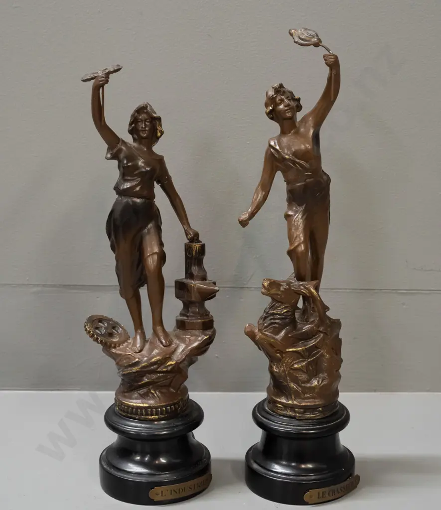 pair of spelter figures on turned wood bases - with French labels - Chasseur (Hunter) and Industrie. Both with patina'd Image 1++