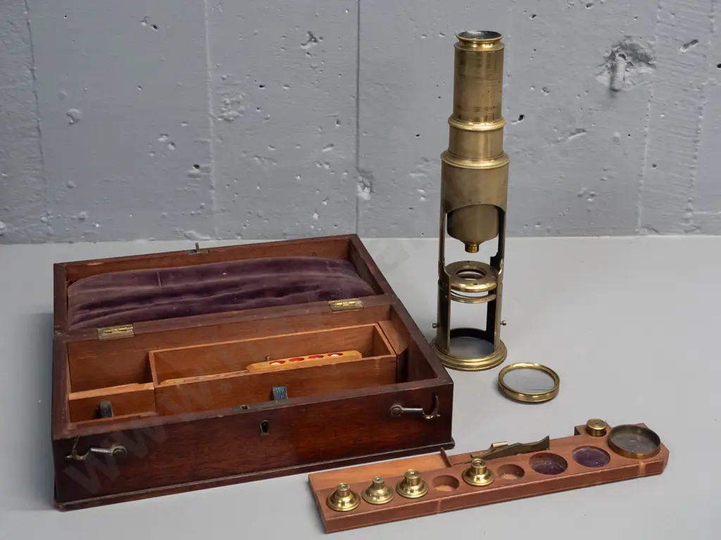 Antique Crichton London brass microscope in fitted mahogany case, 5 additional lenses & tray of slides. Case H90 W270 Image 1++