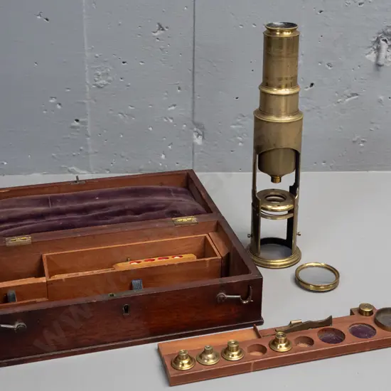 Antique Crichton London brass microscope in fitted mahogany case, 5 additional lenses & tray of slides. Case H90 W270