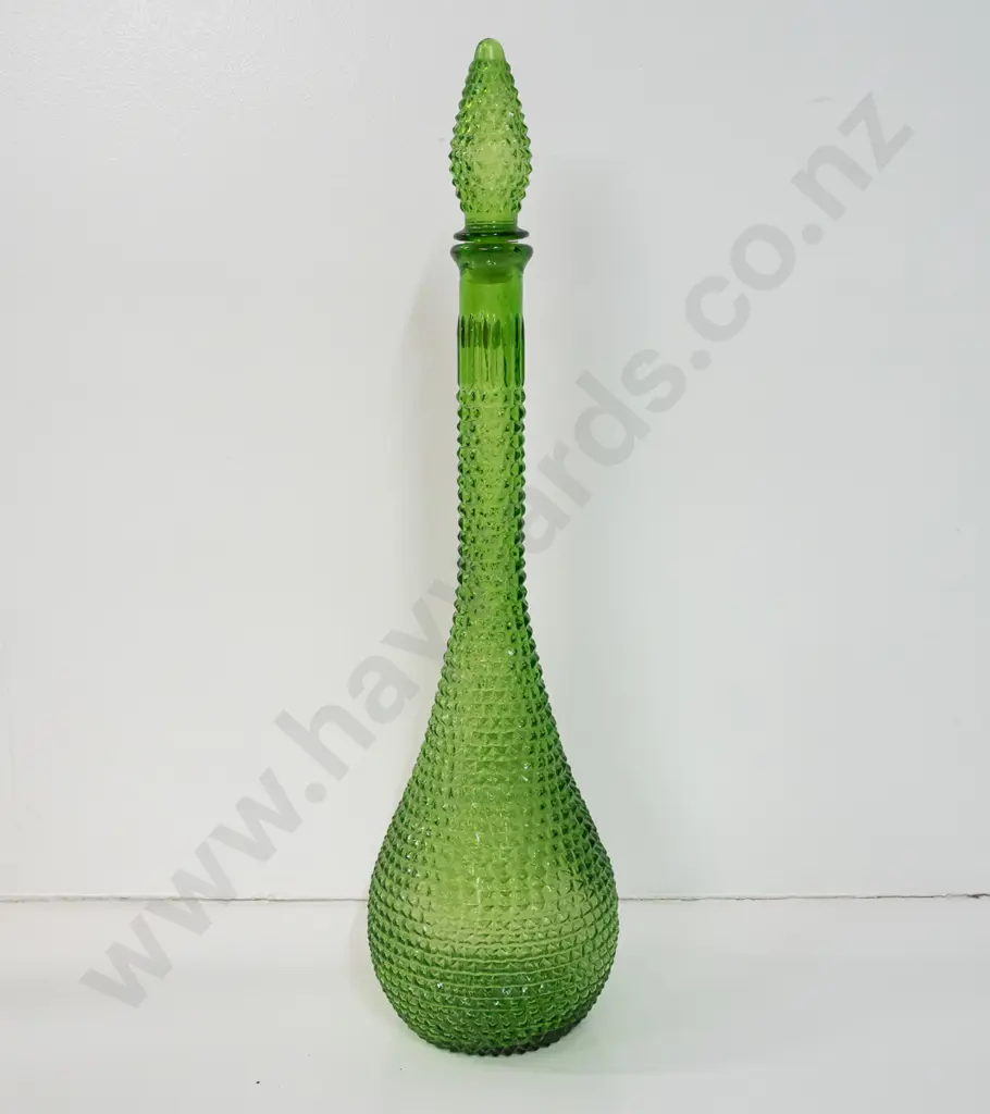 light green genie bottle with modeled hob nail decoration,  some damage nylon plastic inside stopper H480 Image 1++